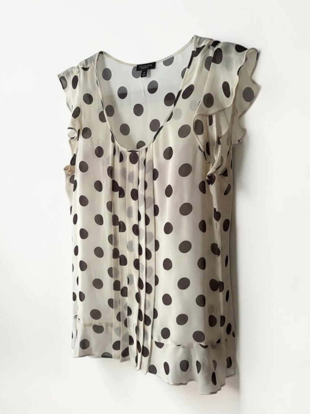 Talbots 100% Silk Polka Dot Pleated Ruffle Blouse Ivory Black - Size 4